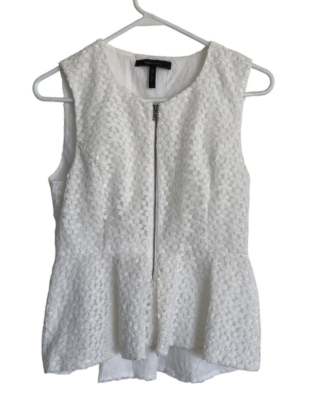 BCBGMAXAZRIA White Sleeveless Floral Lace Peplum Top With Front Zipper Size S